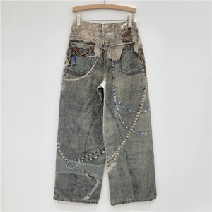 Jeans da Donna a Gamba Larga con Stampa, Catena di Perle e Pizzo, Nuova Moda Casual Autunno 2026 - Product Image 2