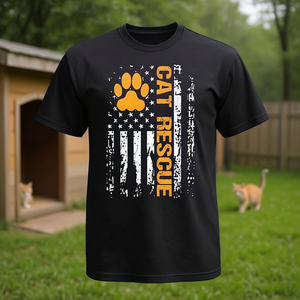 Camiseta Cat Rescue con diseño de bandera americana, camisa promocional negra unisex para adultos con cuello redondo y manga corta - Product Image 2