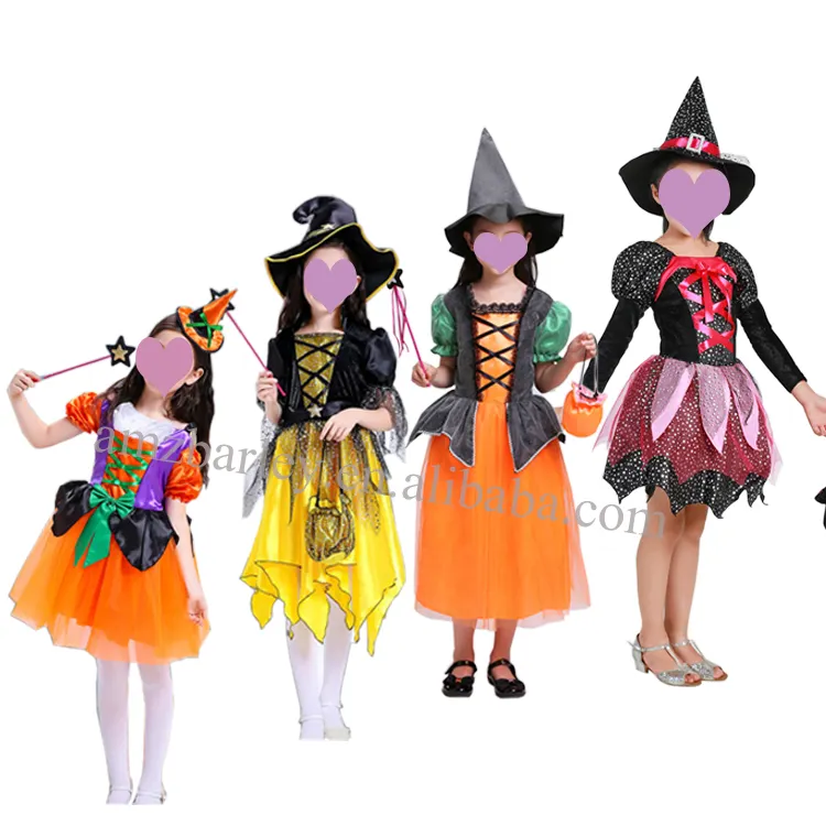 Halloween Cosplay Robe de Sorcière Enfants Magique Fée Elfes Tenue Carnaval Fête Dress Up Fille Citrouille Costumes Avec Chapeau et Baguette