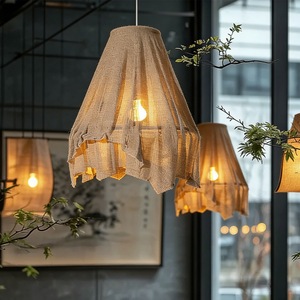 Lustre style Wabi Sabi E27 à six têtes, suspension ronde en lin pour salle à manger, décoration intérieure - Product Image 1
