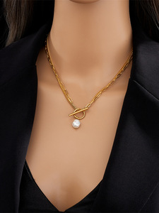 Collar de Perlas Barrocas Chapado <span class=keywords><strong>en</strong></span> <span class=keywords><strong>Oro</strong></span> de 18K, <span class=keywords><strong>Cadena</strong></span> <span class=keywords><strong>Cubana</strong></span> de Doble Capa de Acero Inoxidable con Cierre de Hebilla, Joyería de Moda - Product Image 3