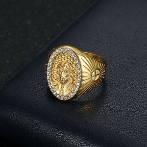 Golden Oval Men's <b>Ring</b> With Lion Head And <b>Crystal</b> Pave Setting For Everyday Wear - Product Image 2