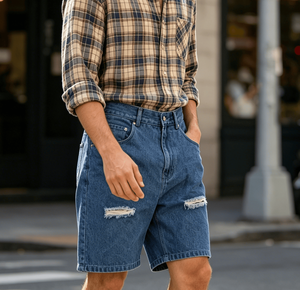 Shorts Bermuda en jean déchiré pour homme, taille mi-haute, fermeture boutonnée, style décontracté, 100 % coton, pour l'été - Product Image 1