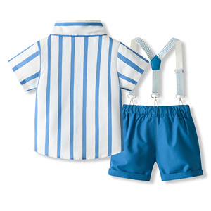 Catpapa Vente en gros Ensemble 3 pièces pour garçons : <span class=keywords><strong>Chemise</strong></span> à rayures verticales, Nœud papillon et Short à bretelles ondulées – Tenue de cérémonie - Product Image 2