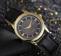 Montre-bracelet de luxe simple pour homme, analogique à quartz, cadran noir, boîtier doré, bracelet en cuir véritable