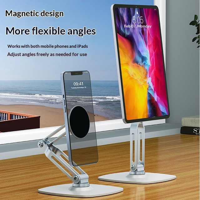 360 Degree Rotation Foldable Magnetic Desk Stand Height Adjustable 3-Axis Metal Tablet Phone Holder for Home Office Desk Bed Use