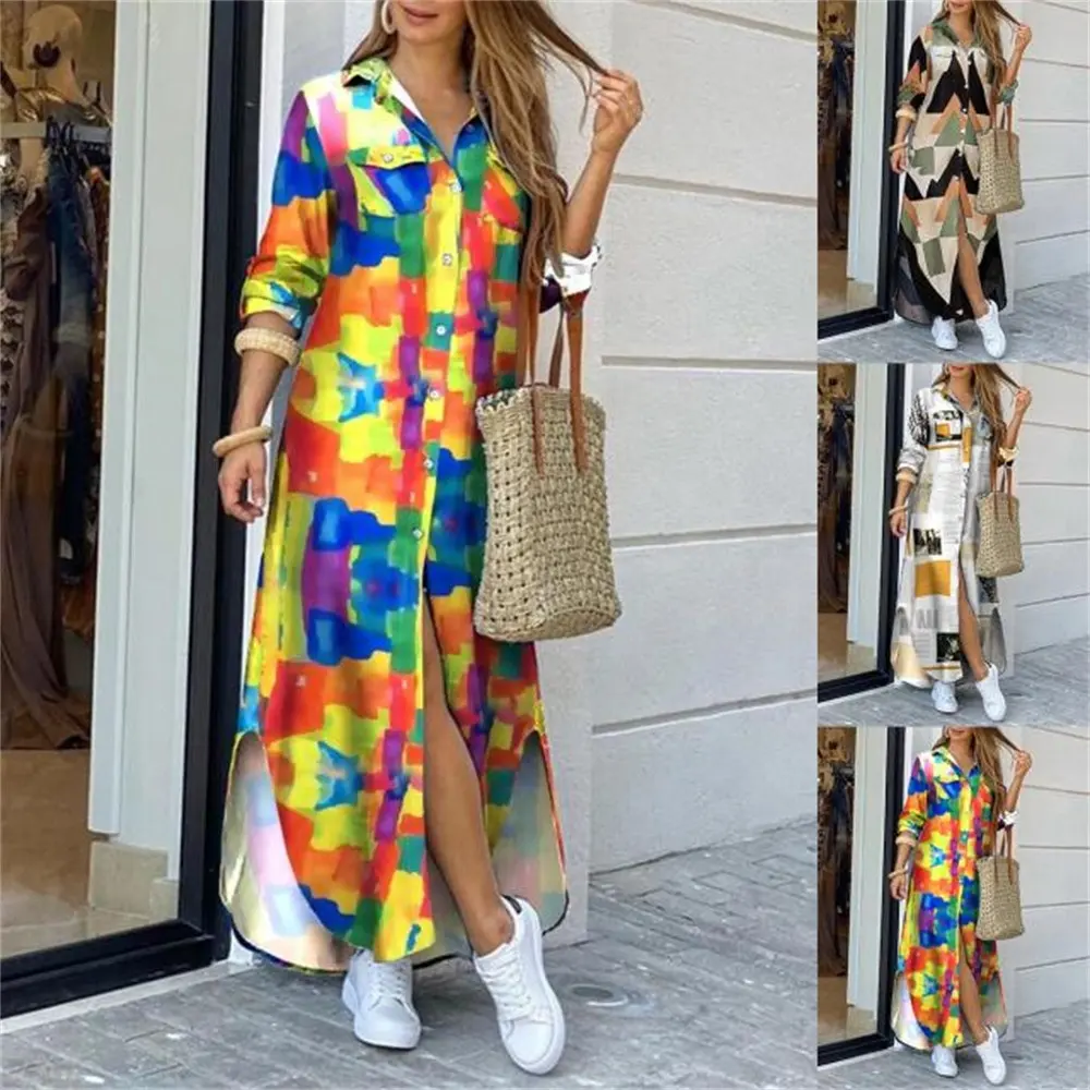 Summer 2022 Wholesale Fall Robe Fashion Camouflage Printed Long Sleeve Single Breasted Casual Women Plus Size Long Maxi Dresses