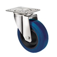 Roulettes industrielles robustes de style européen, en caoutchouc bleu élastique, avec trou de fixation, frein pivotant, 5 pouces