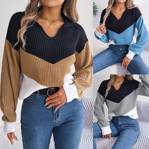 Casual Lapel Color Blocking Long Sleeve Women's Knit <b>Pullover</b> <b>Sweater</b> Fashion - Product Image 2