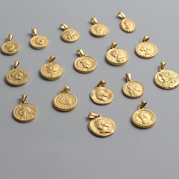 Fashion Charm Stainless Steel DIY Custom Jewelry Ancient Roman Coin Stamped Necklace 18K Gold Plated Pendants