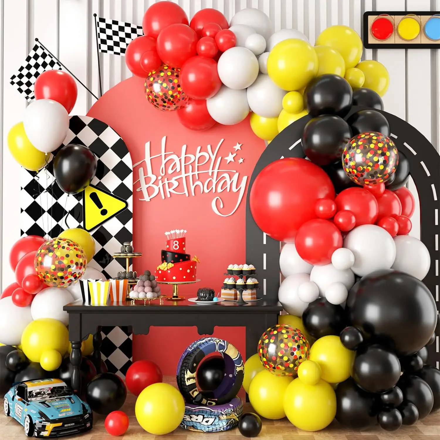 102 Stukken Racing Verjaardag Thema Ballon Ketting Rood Geel Zwart Latex Ballon Jongen Verjaardagsfeest Decoratie Set