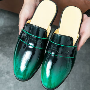 Mules décontractées noires et vertes en cuir verni confortables et durables pour hommes – Demi-chaussures en cuir - Product Image 2