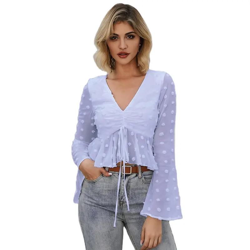 Dames Casual Chiffon Top Hoorn Mouw Wave Dot Tie-Up Flaunce Shirt Met Flare Mouw Effen Patroon En Kwast Decoratie