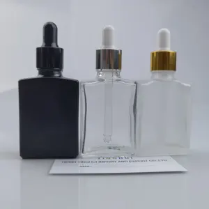 新しいデザイン30ml50ml空のクリアフラットスクエアガラスボトル点眼器アロマセラピー香水1オンスフロストブラックガラスドロッパーバイアル