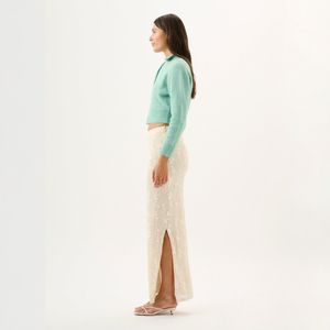 High Waisted <b>Straight</b> Leg Split Hem Sparkle Midi <b>Skirt</b> Gorgeous Heavy Duty Embroidery Design Formal - Product Image 4