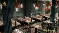 Ensemble de mobilier de design pour restaurant commercial : banquette de salle à manger sur mesure, comptoir de bar, tables de salle à manger et chaises en bois pour café et bistrot