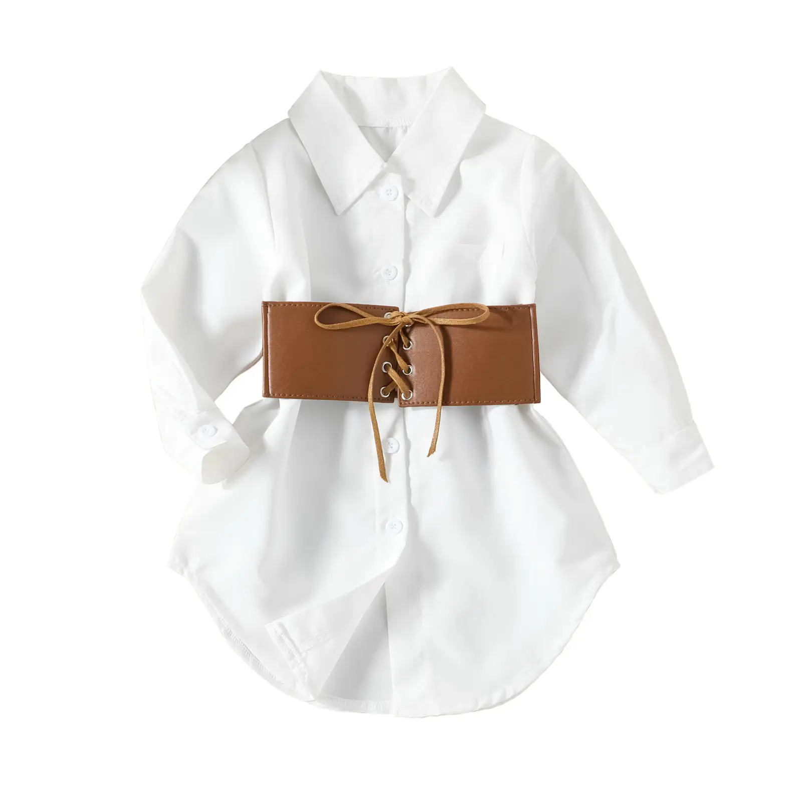 2023 Girl's Button Up Dress Moda Infantil Vestido Branco Long-Sleeved Vestuário Cinto de Botão Big Kids Dress for girls
