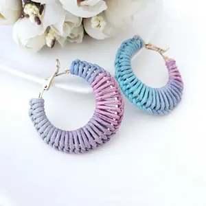 KL aretes de aro envueltos en hilo New casual colorful hand made woven statement earrings wax string twisted rope hoop earrings