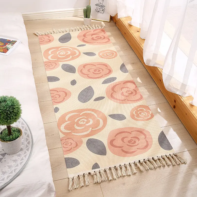 bedroom fringe non-slip cotton rugs pattern print fringe carpet living room decorative floor mat