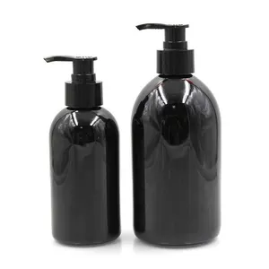 Siyah parlak özel cilt bakımı ambalaj yuvarlak disk kapağı şampuan şişesi pompası Serum şişesi saç sis sprey PET plastik şişe