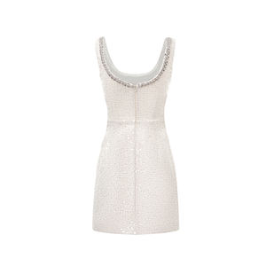 SHENGFU kadınlar beyaz pullu Mini elbise kolsuz Scoop boyun Sparkly Bodycon parti kokteyl zarif kısa elbise - Product Image 2