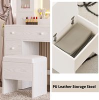 Bureau de maquillage d'angle avec station de charge, miroir et tabouret de rangement, table de maquillage avec tiroirs, étagères rotatives, blanc