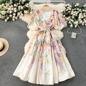 ZT1253 Vestido retrô com desenho de flores com gola V estampado manga lanterna vestido temperamento longo e fino vestido primavera