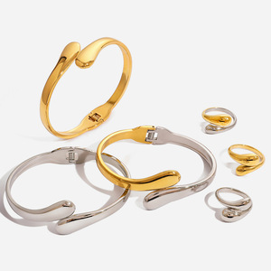 European American Style Bracelet <b>Set</b> Gold Silver Water Droplet Design Unisex Jewelry Gift Titanium Steel Ring And <b>Bangle</b> - Product Image 1