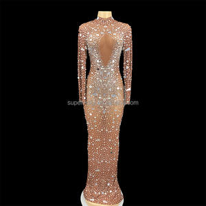 Sparkly क्रिस्टल हस्तनिर्मित हीरा पोशाक लंबी महिलाओं पार्टी पोशाक शादी स्टेज शो संगठन - Product Image 3