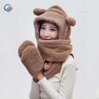 Ensemble écharpe, bonnet et gants d'hiver chauds et épais pour l'extérieur, avec bonnet moelleux à oreilles d'ours mignonnes et effet flou, pour fille