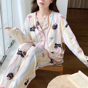 طقم بيجامة نسائي ربيعي بأكمام طويلة وسروال طويل من قطن كلاود، طقم كاجوال من قطعتين بياقة مطوية، ملابس منزلية وملابس استرخاء لطيفة - Product Image 3