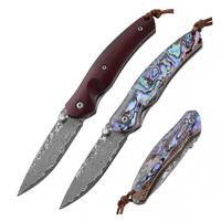 Couteau pliant en acier Damas avec coquillages en bois/colorés, couteau de poche OEM à pointe tombante, EDC, pour camping, chasse et activités de plein air