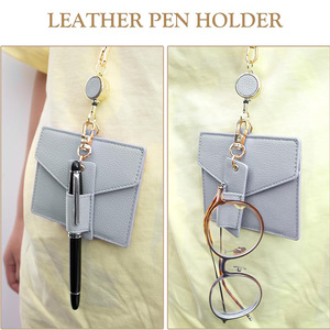 Genuine Leather Badge <b>Holder</b> With Neck Lanyard Retractable Reel Pen <b>Holder</b> For Work <b>ID</b> Card And Glasses - Product Image 2