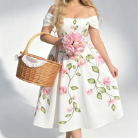 Robe midi élégante à imprimé floral et épaules dénudées pour femme, avec manches courtes bouffantes, coupe trapèze évasée, idéale pour les fêtes en jardin et les vacances