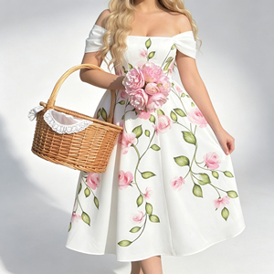 Robe midi élégante à imprimé floral et épaules <span class=keywords><strong>d</strong></span>énudées pour femme, avec manches courtes bouffantes, coupe trapèze évasée, idéale pour les fêtes en <span class=keywords><strong>jardin</strong></span> et les vacances - Product Image 6