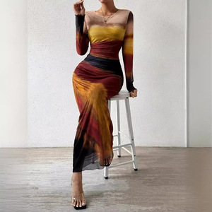 Vestido de moda Europeo Americano Estampado de malla floral Fruncido Casual Chic Verano - Product Image 4