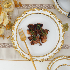 Juego completo de platos de cena con borde dorado de lujo, vajilla de cerámica, ensaladeras, platos, postre, bistec, Pasta, restaurante, vajilla para el hogar - Product Image 1