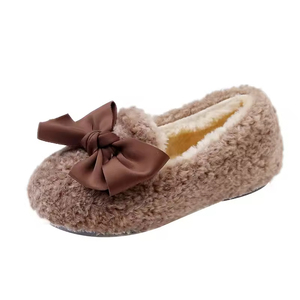 Zapatos Casuales de Felpa Cálidos con Suela Antideslizante, Pantuflas de Felpa para Interiores, Zapatos Tipo Mocasín con Lazo para Niñas - Product Image 1