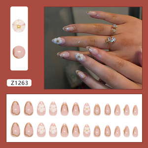 Uñas Postizas de Lujo al por Mayor, 24 Piezas, Brillantes, con Purpurina, Acrílicas 3D, con Diseño de Flores, Color Nude, Forma Almendrada - Product Image 2