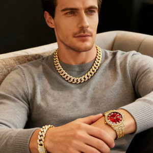 Reloj <span class=keywords><strong>de</strong></span> Cuarzo <span class=keywords><strong>de</strong></span> Lujo con <span class=keywords><strong>Cadena</strong></span> Cubana <span class=keywords><strong>de</strong></span> Acero Inoxidable, Caja <span class=keywords><strong>de</strong></span> Aleación <span class=keywords><strong>de</strong></span> 40mm, Esfera con Agujas, Correa <span class=keywords><strong>de</strong></span> 20mm, Estilo Charm - Product Image 1
