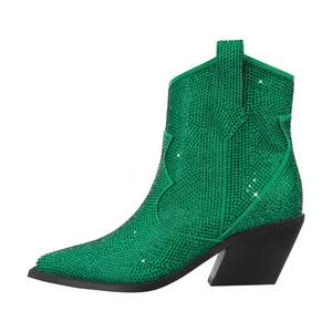 Stivali Western Corti da Donna Xinzirain con Logo Personalizzato, Punta Rotonda, Tomaia con Strass Scintillanti, Stivaletti con Tacco Grosso - Product Image 1