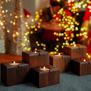 Vietnam WeWood Premium <b>Cube</b> Design Wooden Candle Base with Flame Retardant Metal Cup Insert Timber Votive Holder - Product Image 3