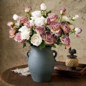 Fleur de soie française branche unique 3 tête bord brûlé Rose moderne maison salon décoration artificielle bouquet de fleurs séchées - Product Image 3