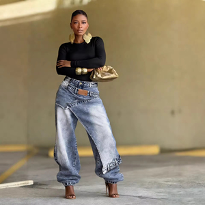 Pantalones <span class=keywords><strong>Vaqueros</strong></span> de Pierna Ancha de Corte Recto y Cintura Media, Lavados, Estilo Urbano, con Parches Asimétricos, <span class=keywords><strong>Vaqueros</strong></span> Casuales para <span class=keywords><strong>Mujer</strong></span> - Product Image 1