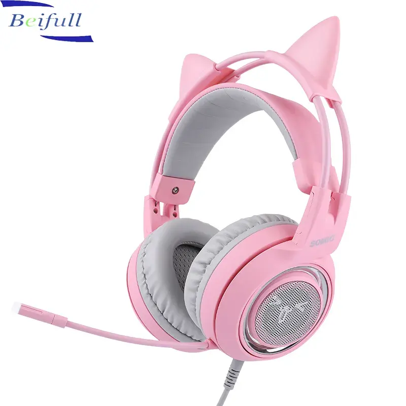 Pembe Kablolu USB mic 7.1 Sanal Surround Ses Ayrılabilir Kedi Kulak kulaklık için LED ile Kız Arkadaşı