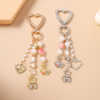 Porte-clés Cœur Mignon avec Perles, Breloque Ourson et Cerise, Pendentif de Sac, Anneau de Clés Or et Argent, Accessoire de Mode pour Femme, Cadeau
