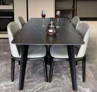 Table à manger rectangulaire moderne en pierre frittée avec pieds en métal et en bois, écologique, 6 places, pour la maison, le bureau, la cuisine, l'hôtel