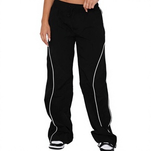 <b>Cheap</b> Price Street Wear Loose Fit Elastic Waist Flat <b>Sand</b> Wash Contrast Strip Light Weight Nylon Women Oversized Workout Flared - Product Image 6