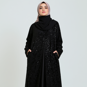 Lignes Factory Custom Black Sequin Open Abaya, Wholesale Muslim Eid Modest Evening <strong>Dress</strong> - Product Image 6