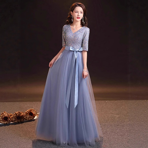 Women's Long Grayish Blue A-Line Evening Gown V-Neck Empire Waistline With <b>Bow</b> Tie For Choir Performances - Product Image 1